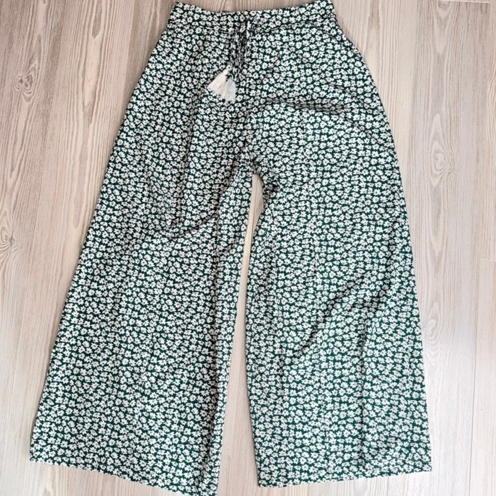 Shein Green Floral Wide Leg Slit Pants Womens L Euro Summer Boho